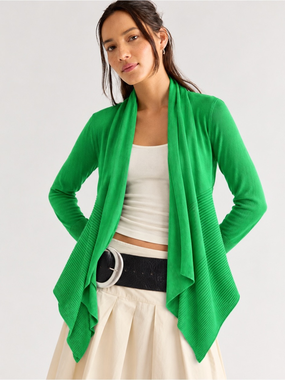 INC International Concepts Kelly Green Drape Waterfall Luxe Cardigan Sweater M